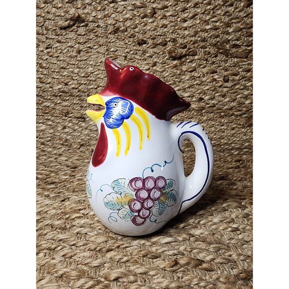 Vintage Pottery Derutta Girasole Italy Rooster Pitcher Hand Painted Grapes 8" - Picture 4 of 9